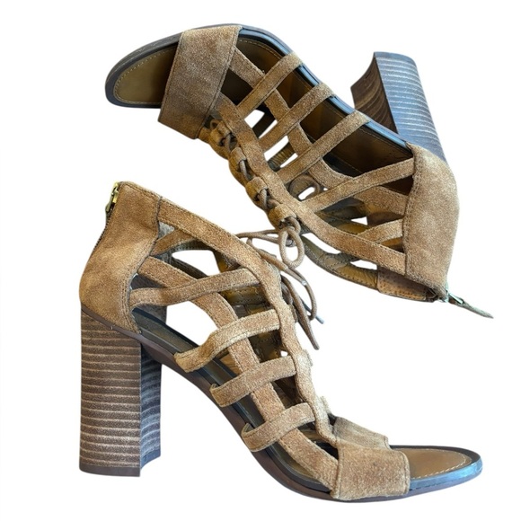 Franco Sarto Cognac Suede Tie Front Cut Out Wooden Block Heel Size 6.5 - Picture 5 of 8